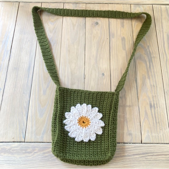 SUNFLOWER Army Green Crochet Mini Tote Bag 6 x 8.5 x 2 inches - Picture 2 of 8